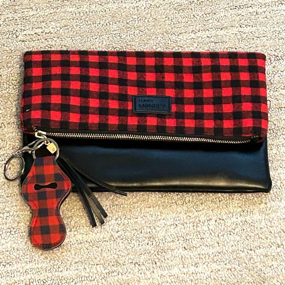 Funky Monkey Foldover Red & Black Buffalo Plaid Clutch Top Zip 10.5” x 7” NWOT